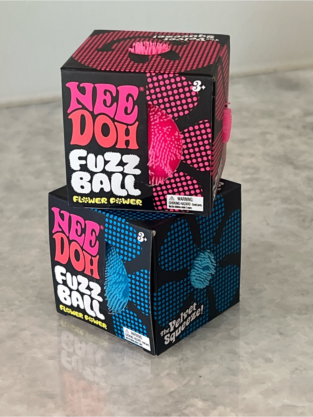 NeeDoh Fuzz Ball Flower Power Velvet Squeeze Squish Toy - SET OF 2 Pink & Blue